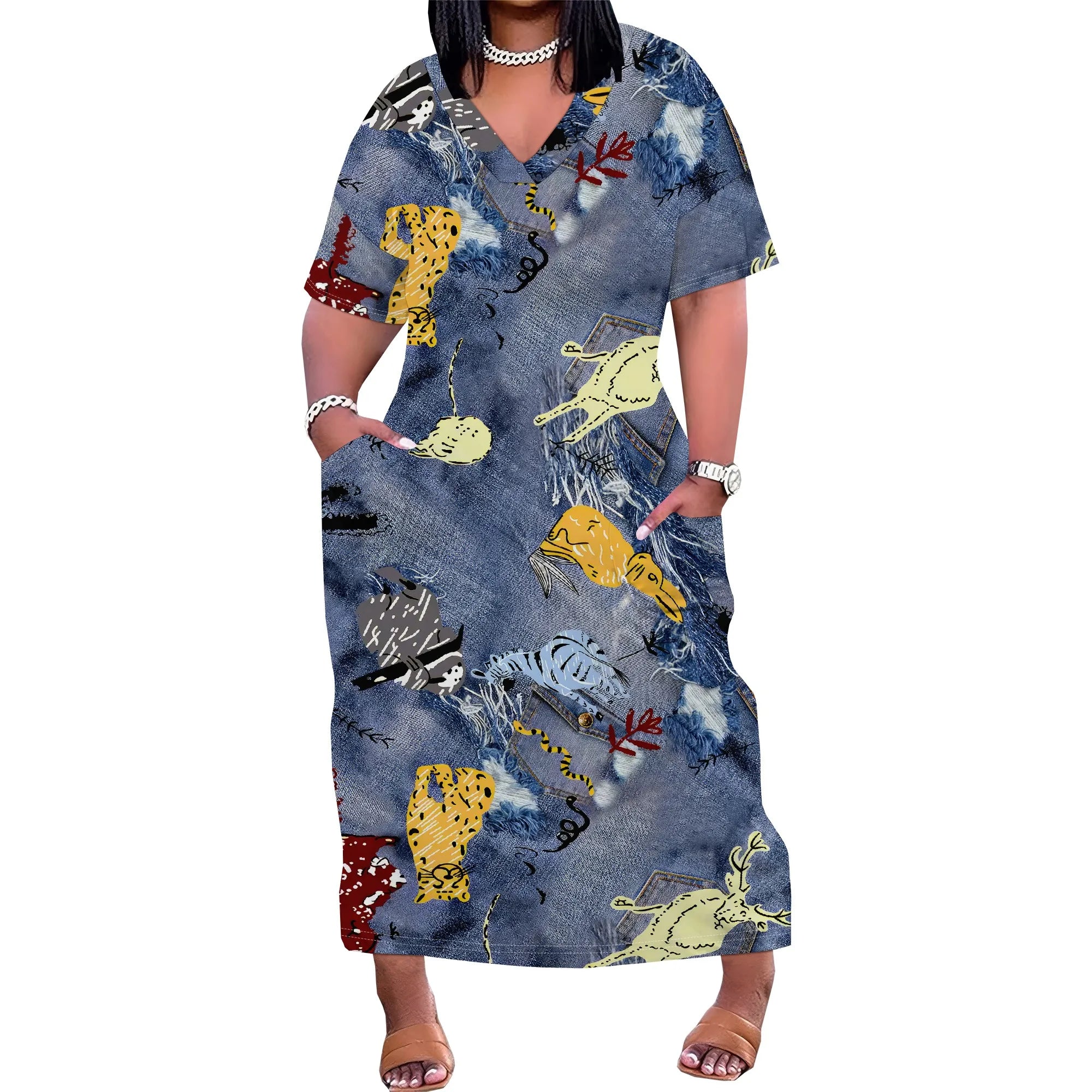 Plus Size Denim 3D Print Maxi Dress