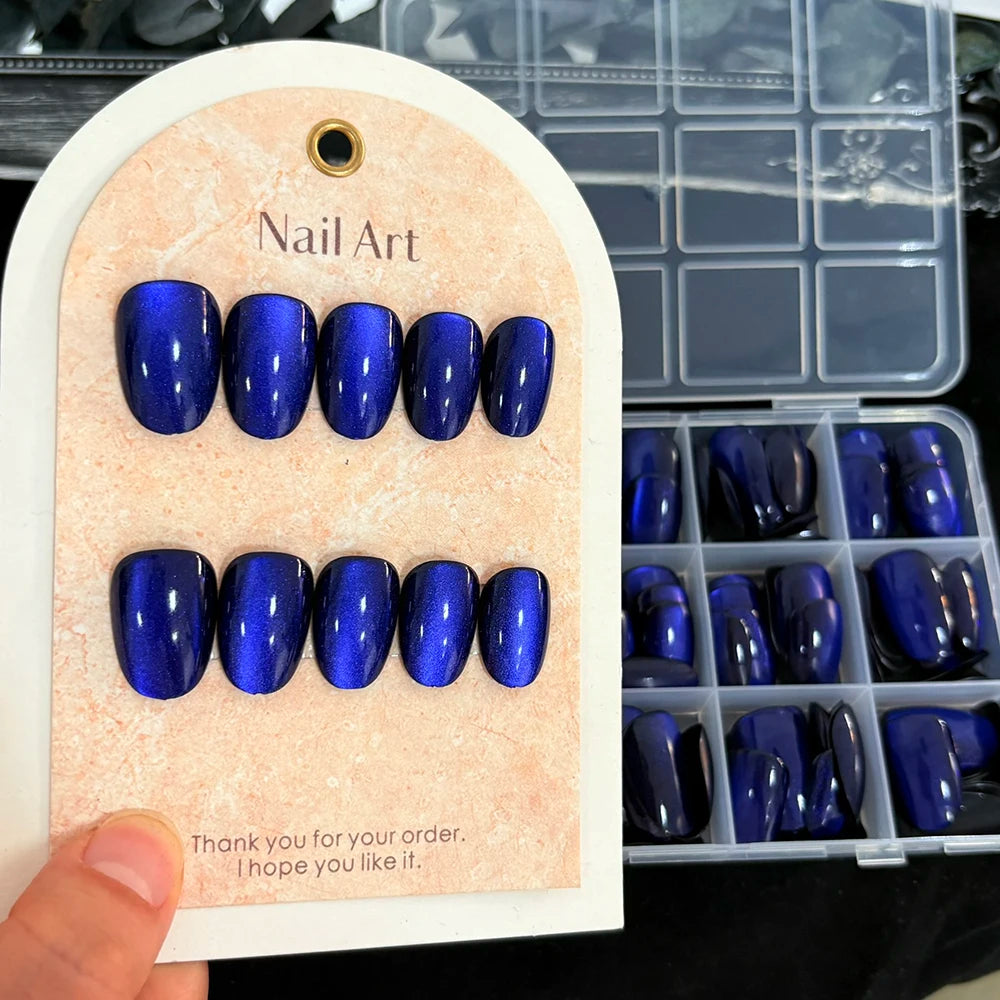 30/144Pcs Glossy Dark Blue Cat Eye Press On Nails