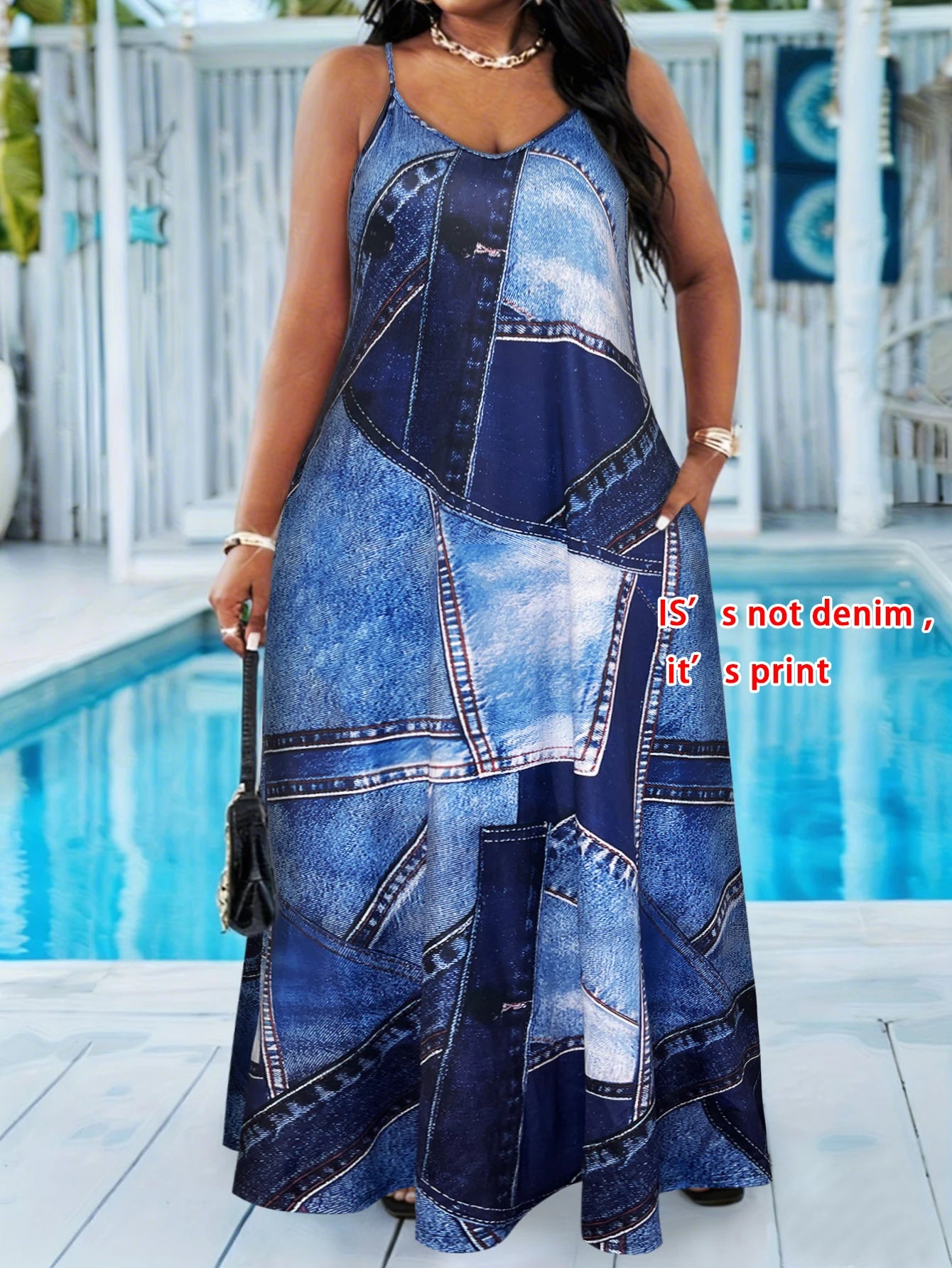 Plus Size Faux Denim Patchwork Print Spaghetti Strap Maxi Dress