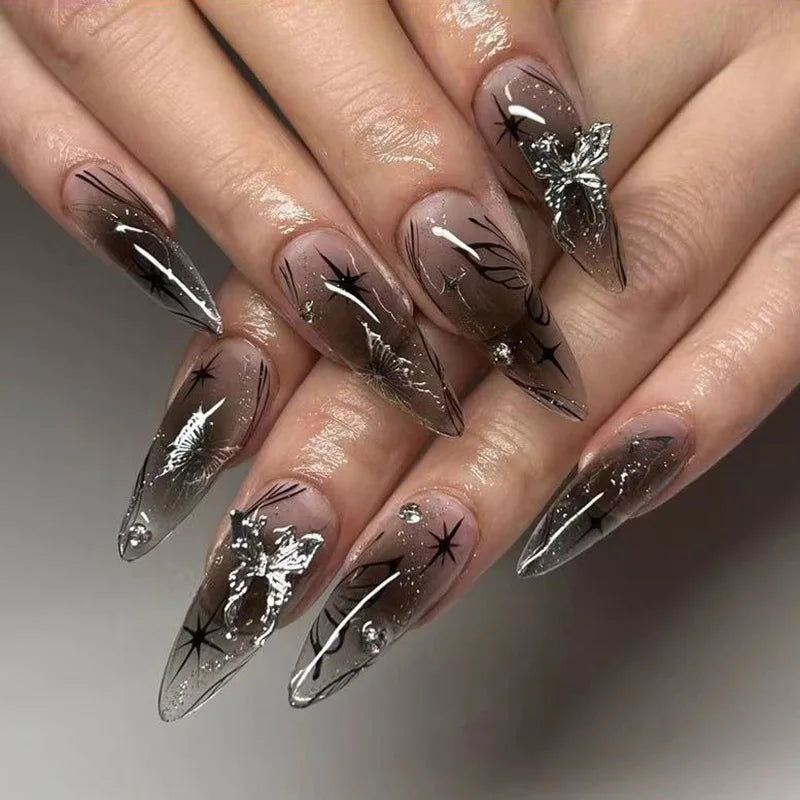 24Pc Black Butterfly Diamond Halloween Long Almond Press on Nails Tips