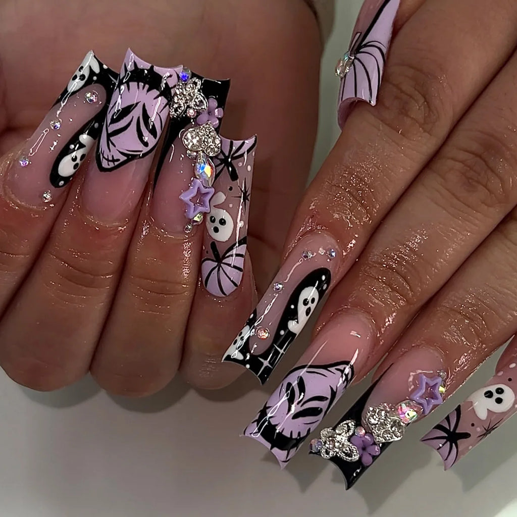 24Pc Long Ballet False Nails Pink Butterfly with Rhinestones French Design