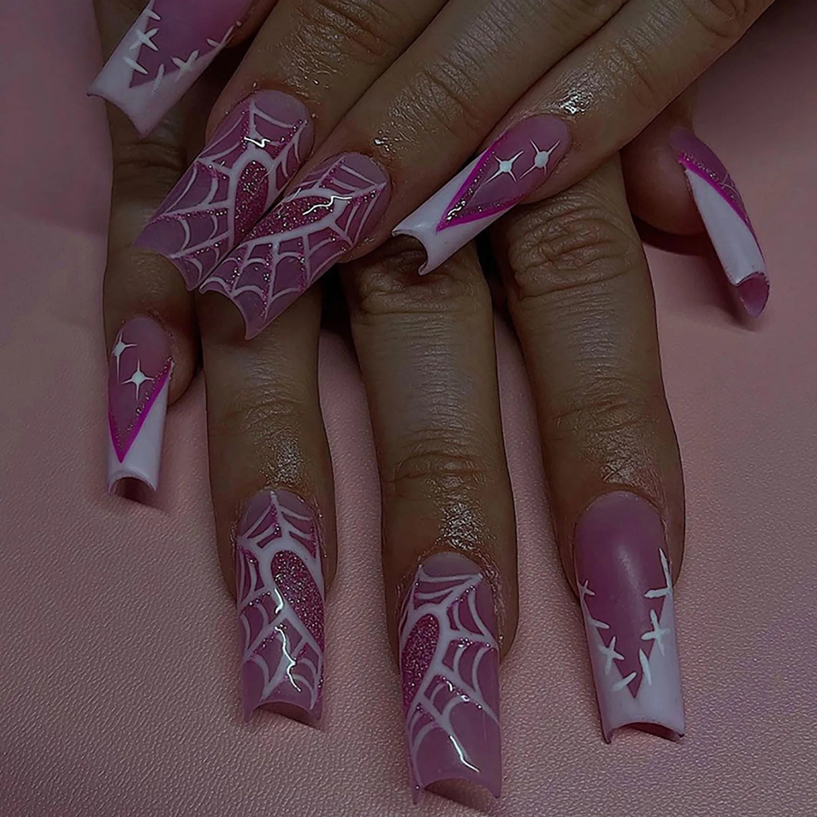 24pcs Glitter Pink Sequins Press on Nails