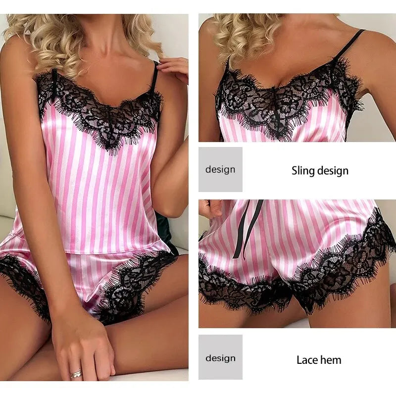 2 Piece Women's V-Neck Lace Pajama Shorts Set