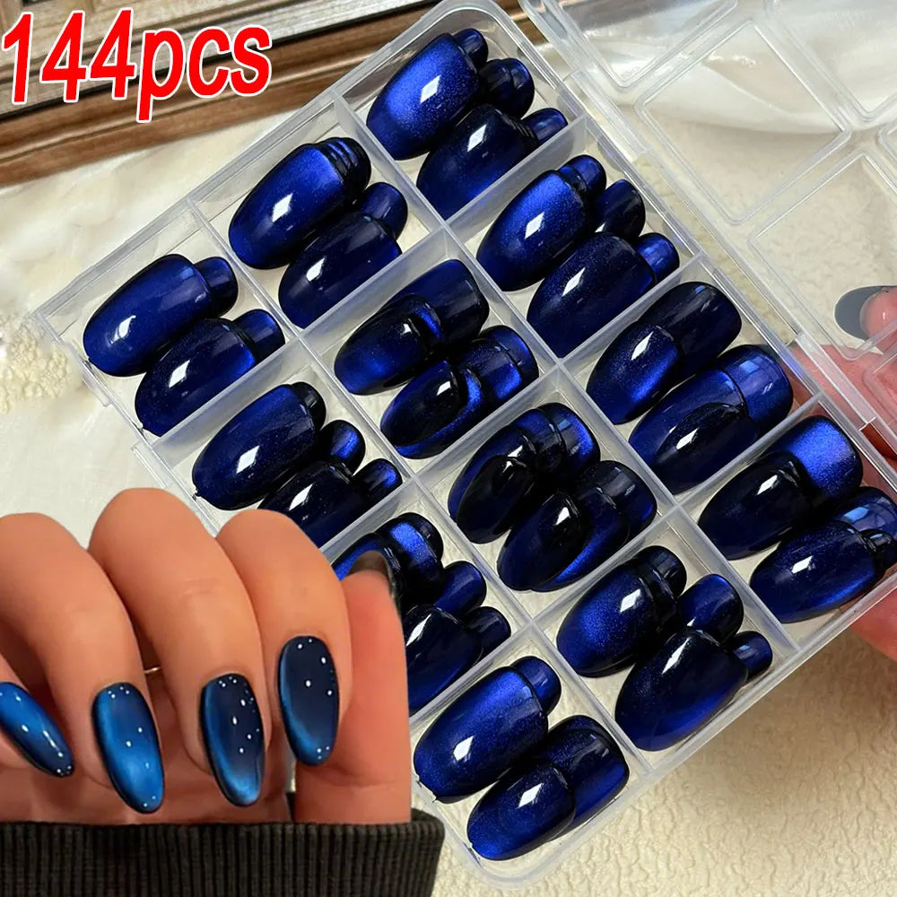 30/144Pcs Glossy Dark Blue Cat Eye Press On Nails