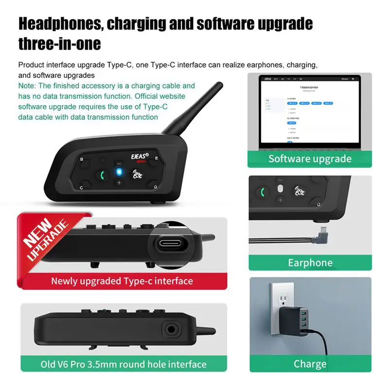 V6PRO+ Motorcycle Intercom Helmet Bluetooth5.1  Headset