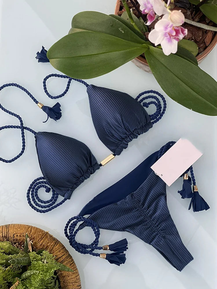 Women Backless Rope Triangle Bikini