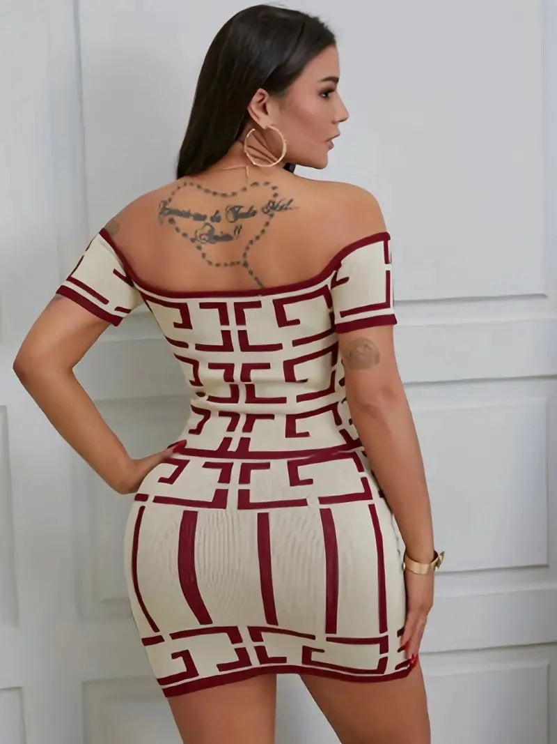 Geometric Print Women's Two Piece Off Shoulder Short Sleeve Top & High Waist Mini Skirt
