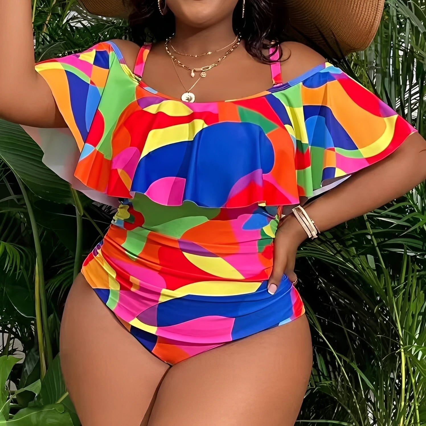 Plus Size One Piece Swimsuit Strappy Printed Ruffle