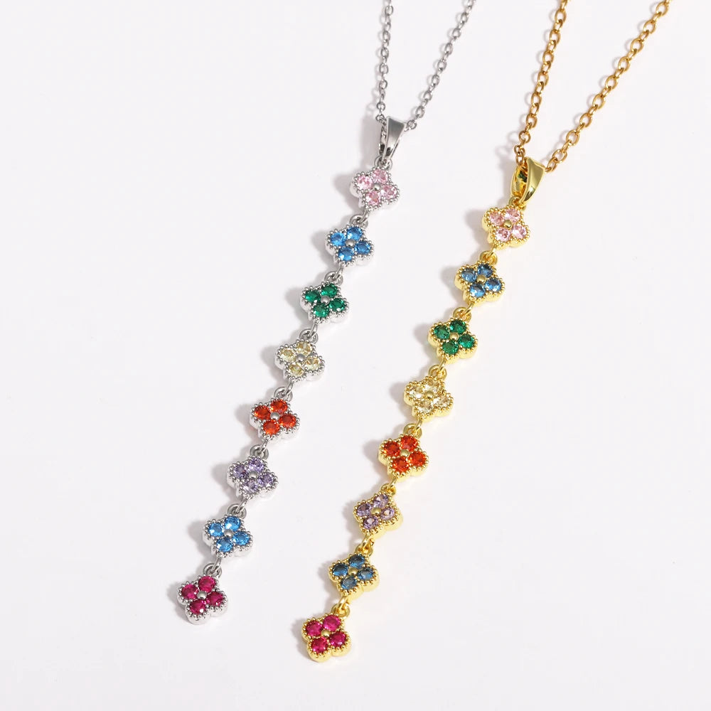Stainless Steel Y-shaped Long Tassel Four-Leaf Flower Necklace