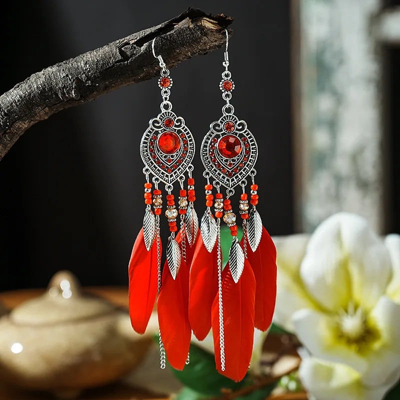 Boho Feather Long Leaf Tassel Drop Earrings