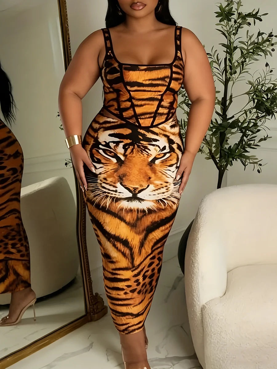 Plus Size Women's Dress Spaghetti Strap Tiger Print Corset Bodycon Midi Dress