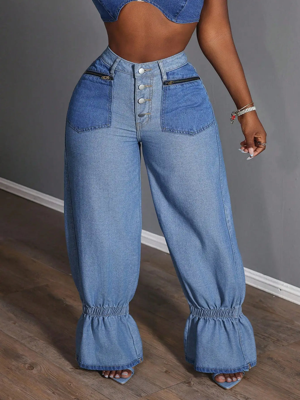 Plus Size Women Loose Versatile Denim Jeans With Zipper Pockets And Ruffle Hem