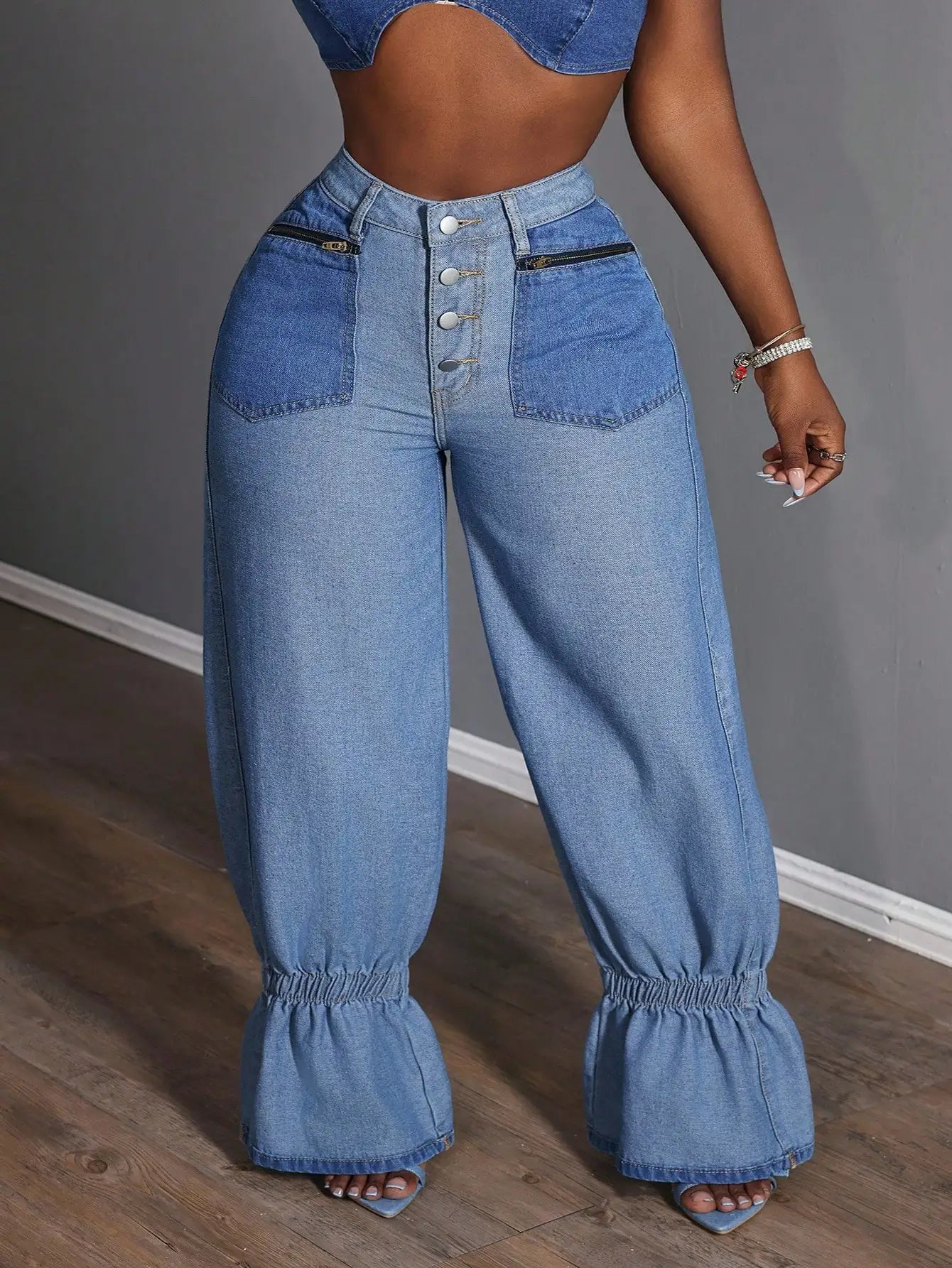 Plus Size Women Loose Versatile Denim Jeans With Zipper Pockets And Ruffle Hem