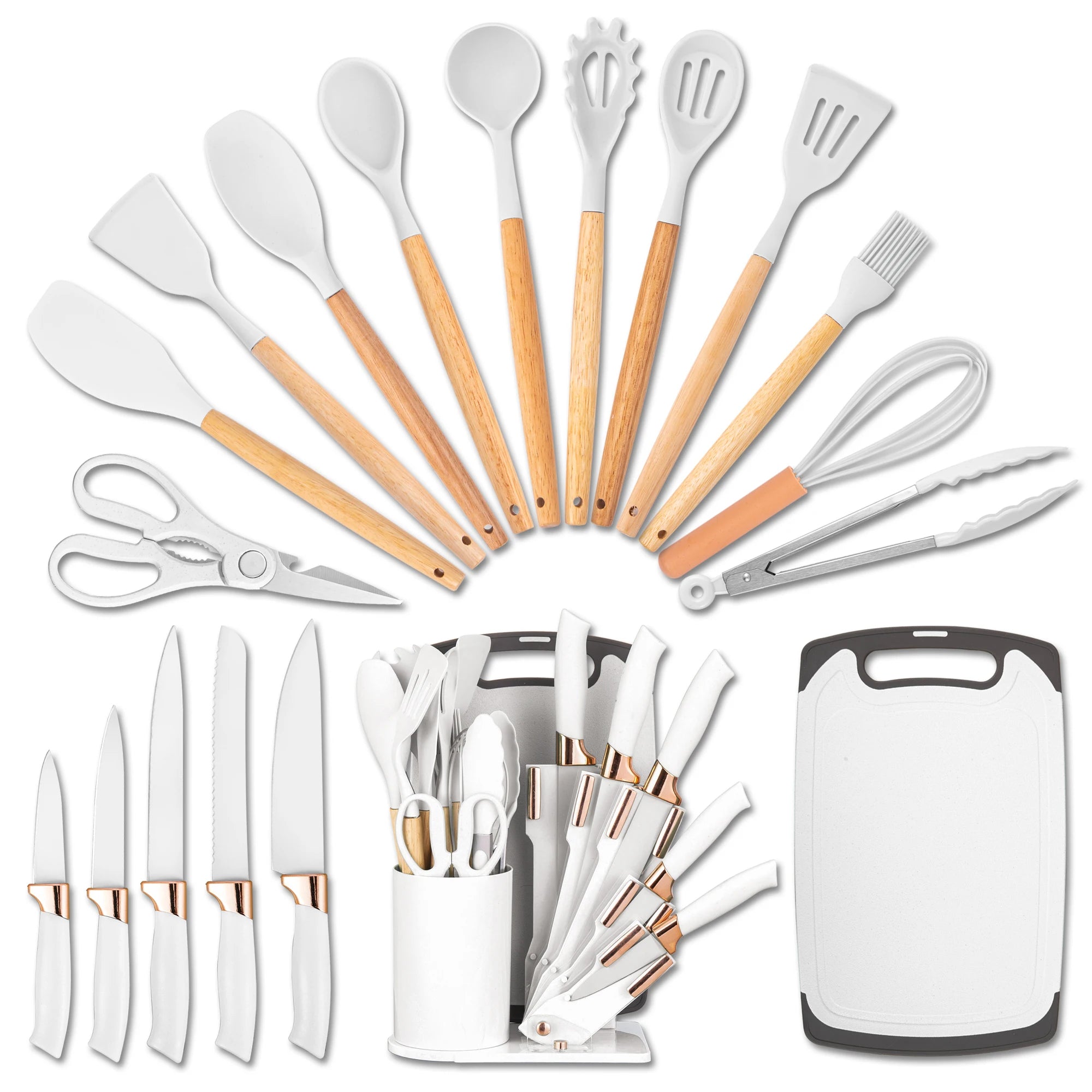 19Pc Professional Kitchen Knife Set with Silicone Cooking Utensils & Cutting Board