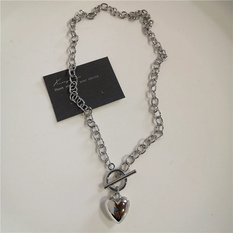 Punk Rock Goth Black Heart Cross Pendant Chain Necklace