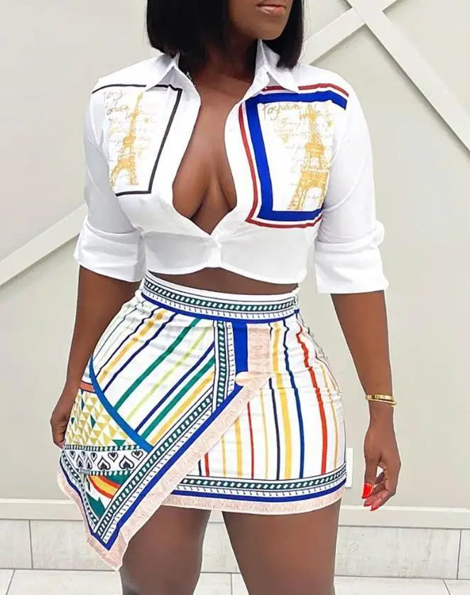Graphic Print Buttoned Turn-Down Collar Shirt & Striped Asymmetrical Skirt Set