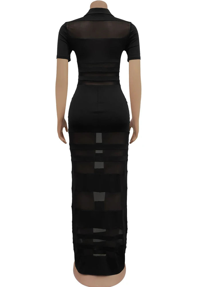 Beyprern Women's See-Through Striped Sheer Polo Maxi Dress