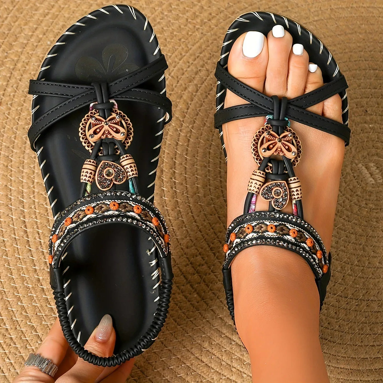 Women Bohemian Flower Rubber Retro Hollow Sandals