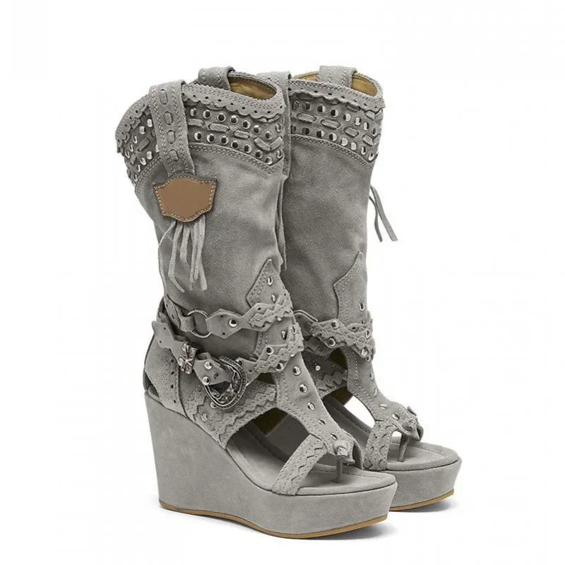Long Metal Decoration Flocking High Heel Wedge