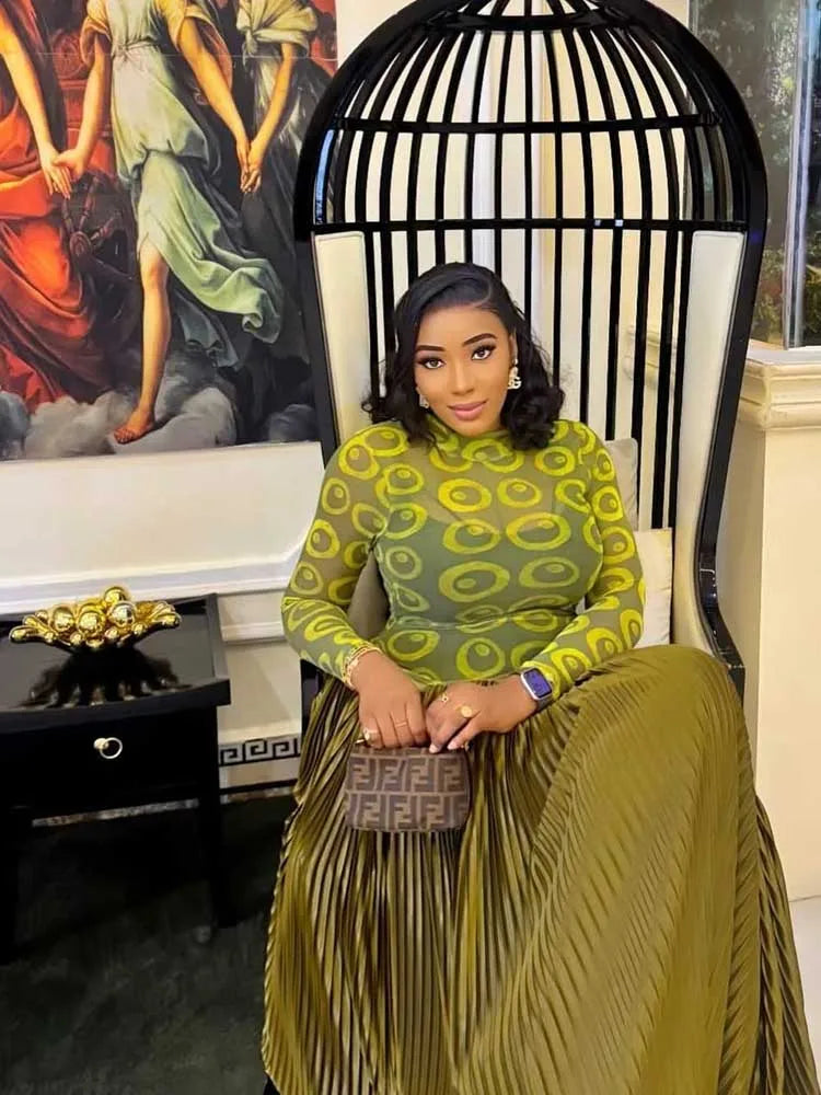 High Waist Long Sleeve Pleated Dress