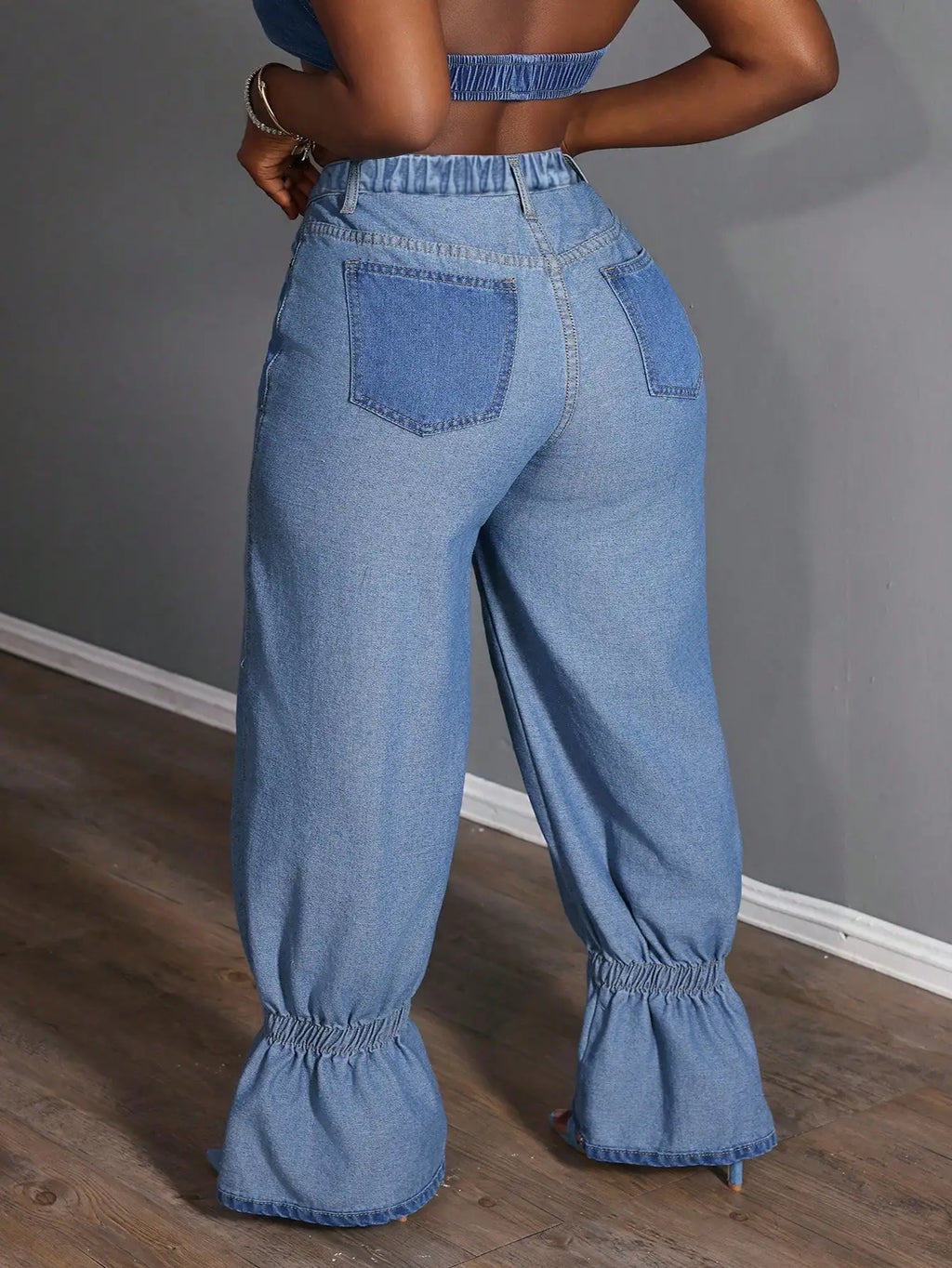 Plus Size Women Loose Versatile Denim Jeans With Zipper Pockets And Ruffle Hem