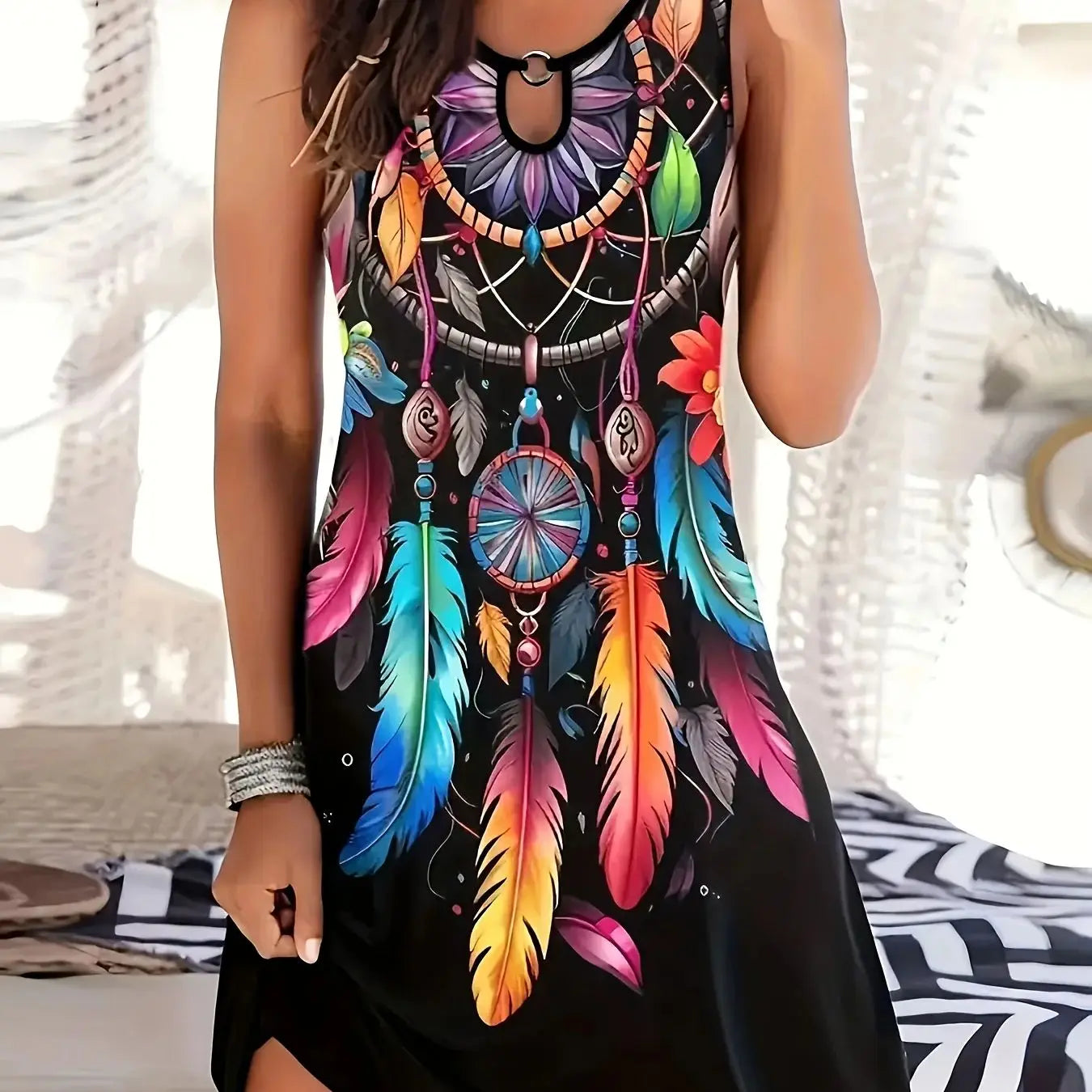 Sleeveless Dream Catcher Print Dress