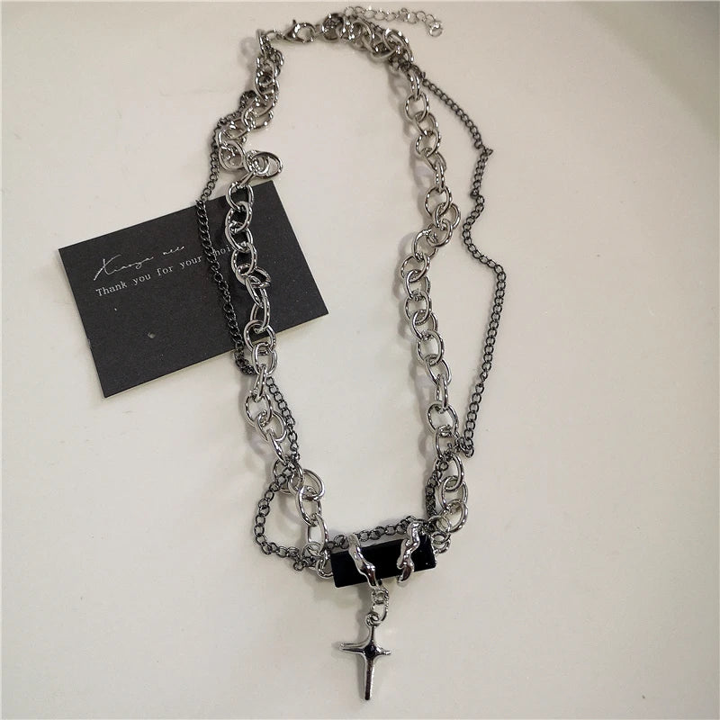 Punk Rock Goth Black Heart Cross Pendant Chain Necklace