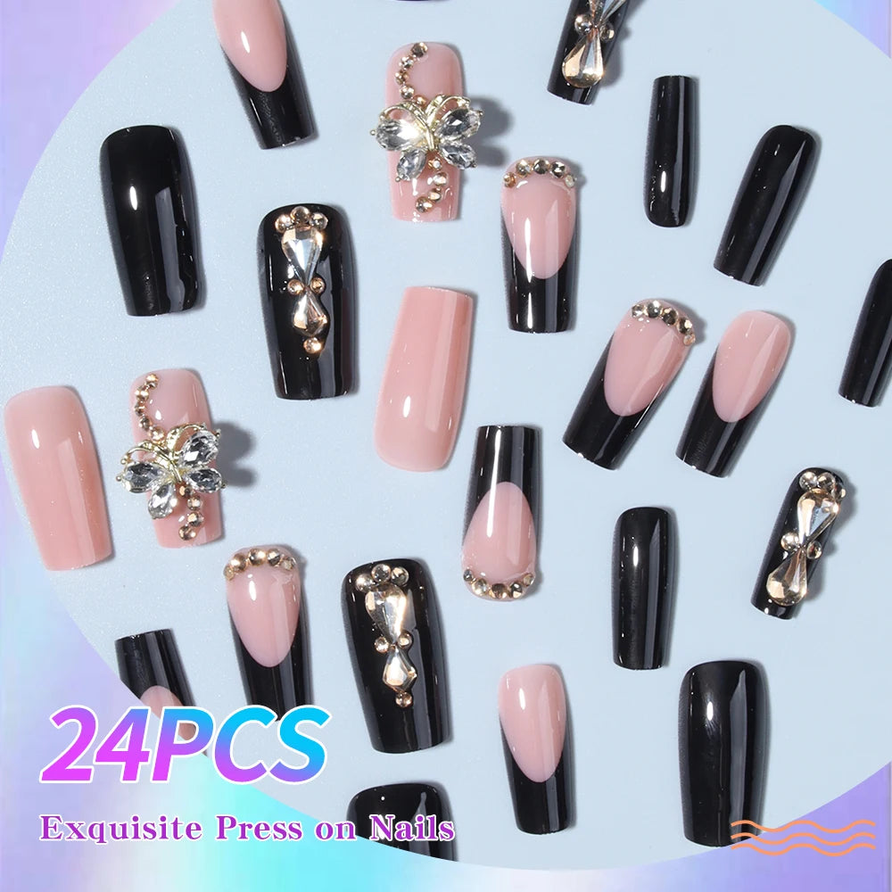 24Pcs Medium Square 3D Alloy Butterfly With Rhinestone Design Black French Tip Press On Nails