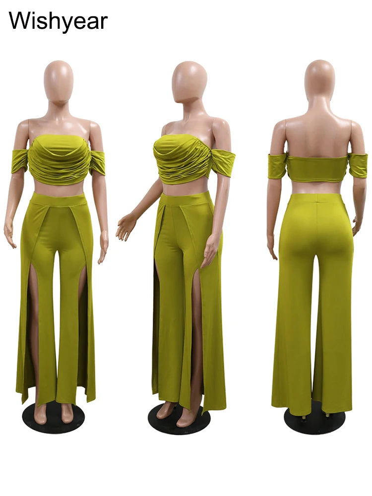 Strapless Crop Tops and High Split Wide Leg Pants