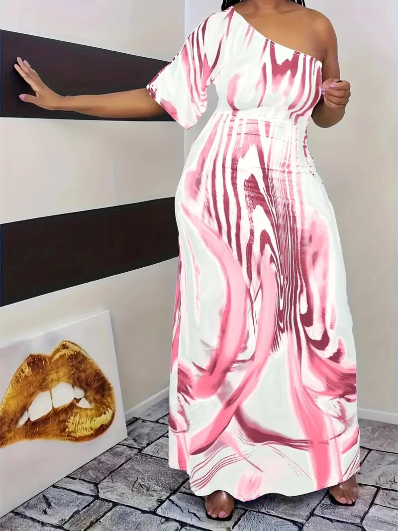 Plus Size Printed Single Sleeved Off Shoulder Dress