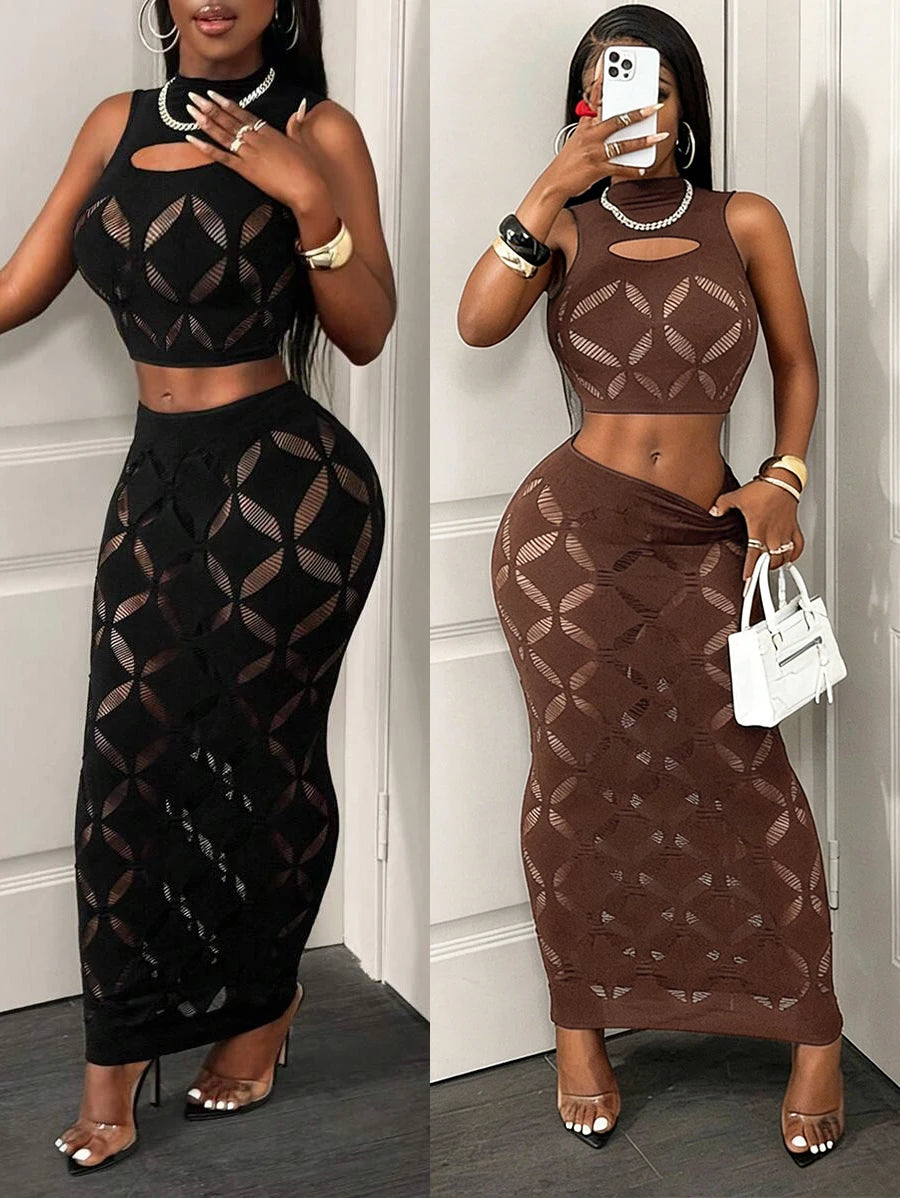 2PCS Women's See Through Mesh Hollow Out Crop Tank & High Waist Bodycon Mini Skirt