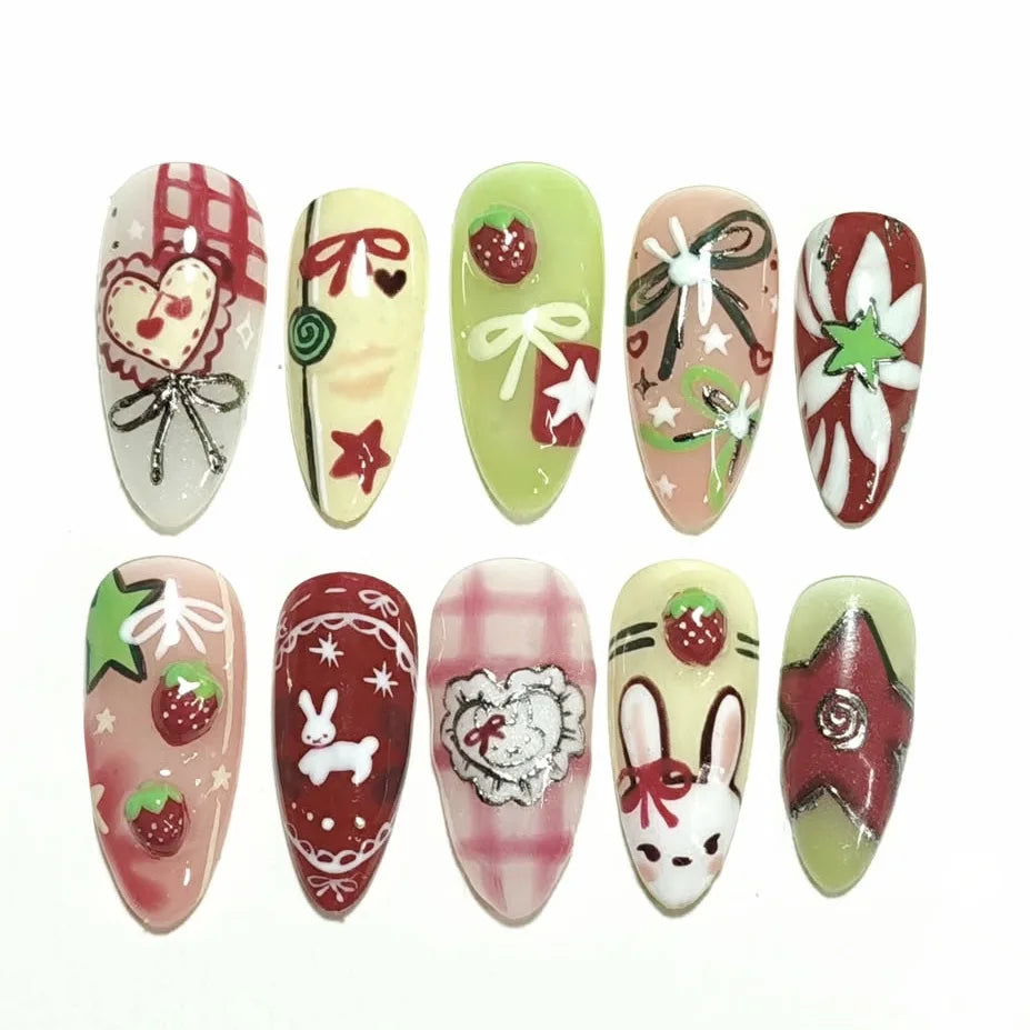 24pcs Strawberry Cat's Eye Press On Nails