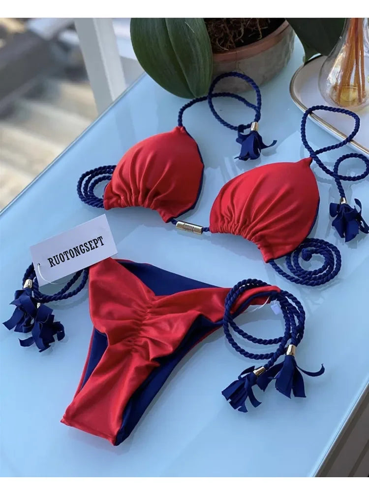 Women Backless Rope Triangle Bikini
