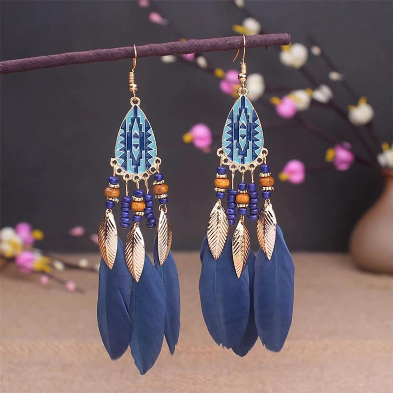 Boho Long Feather Dangle Earrings