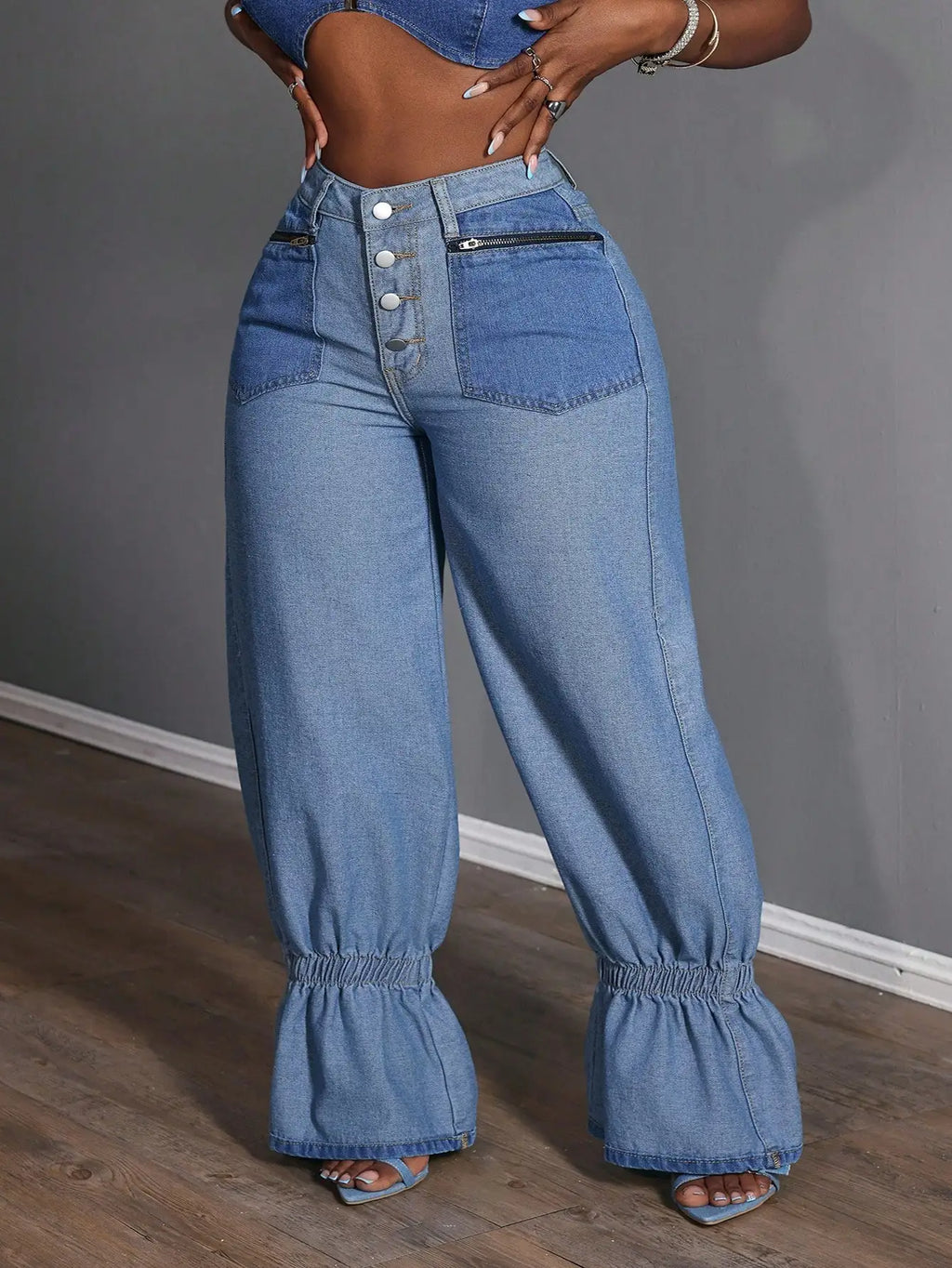 Plus Size Women Loose Versatile Denim Jeans With Zipper Pockets And Ruffle Hem