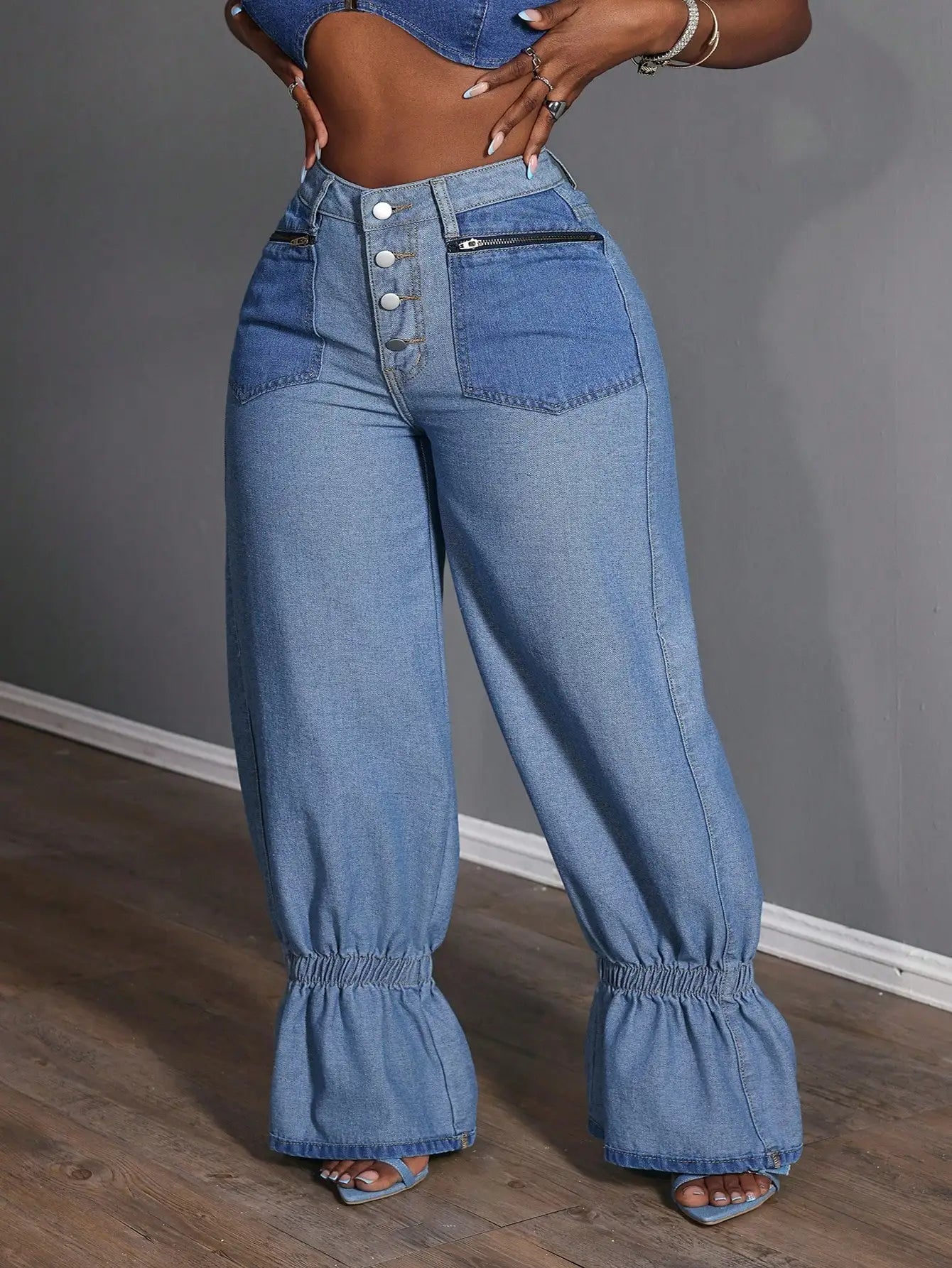 Plus Size Women Loose Versatile Denim Jeans With Zipper Pockets And Ruffle Hem