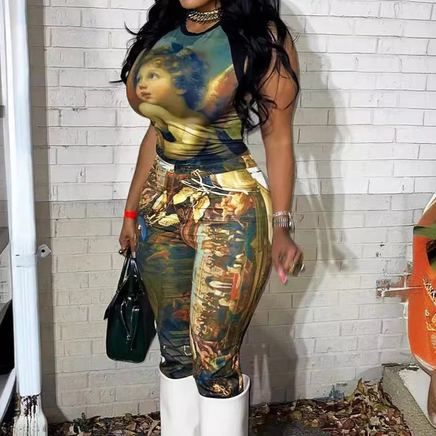 2 Piece Set Woman Oil Painting Sleeveless Crop Top And Pants