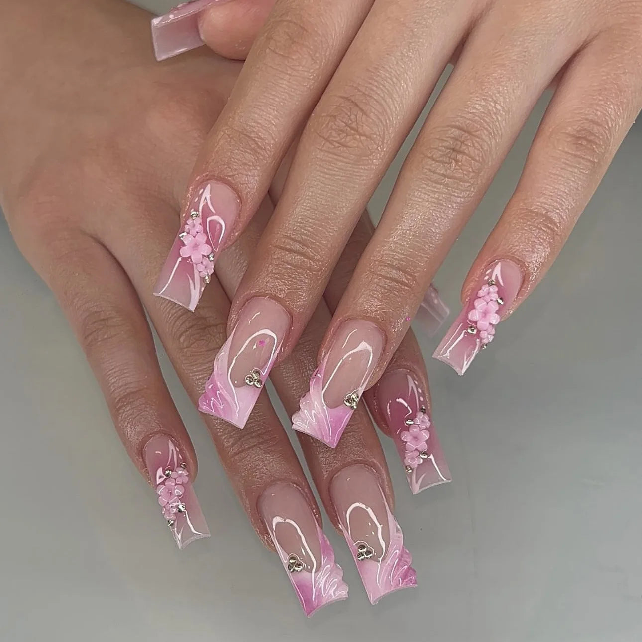 24Pc Long Ballet False Nails Pink Butterfly with Rhinestones French Design