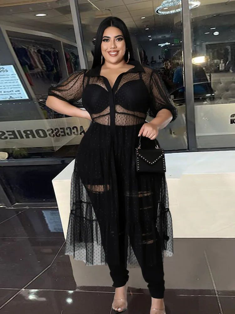 Short Sleeve Summer Mesh Transparent Sexy Black Dress