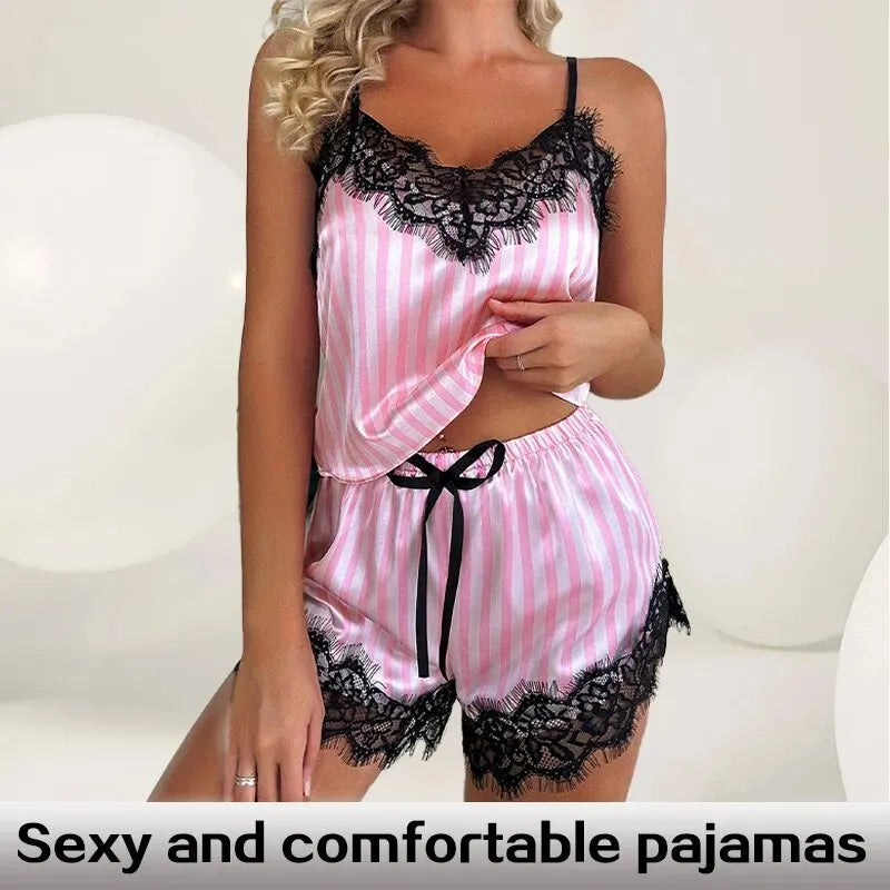 2 Piece Women's V-Neck Lace Pajama Shorts Set