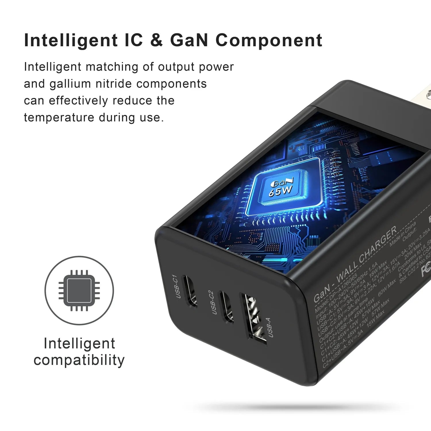 65W GaN 3 Port USB C Power Adapter With Type C