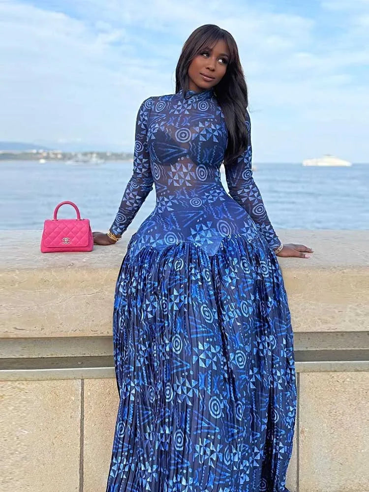 Royal Blue  Mid-turtleneck High Waist Transparent Dress with Sleeves