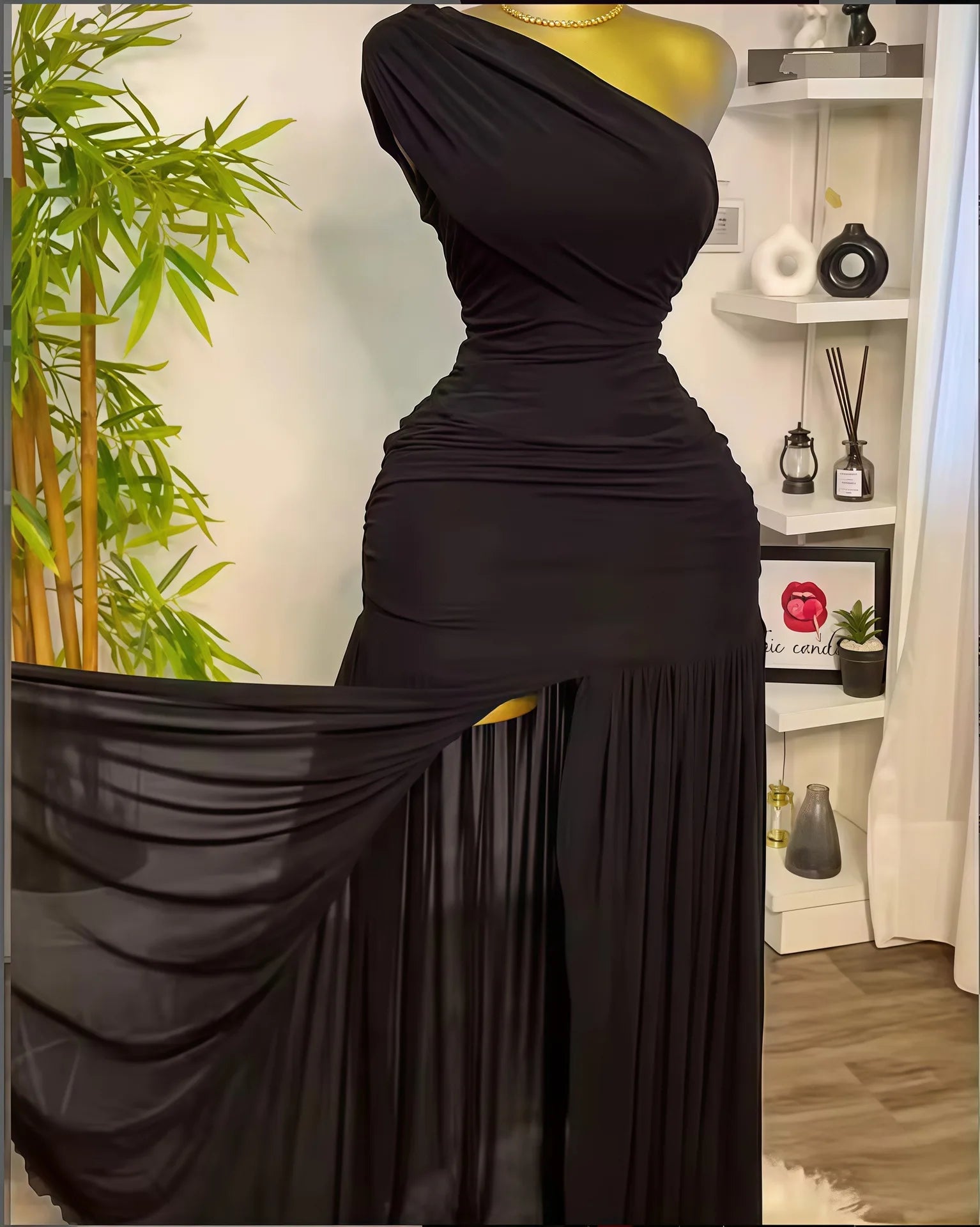 Elegant Skew Neck One Sleeve Off Shoulder Mesh Slit Long Dress