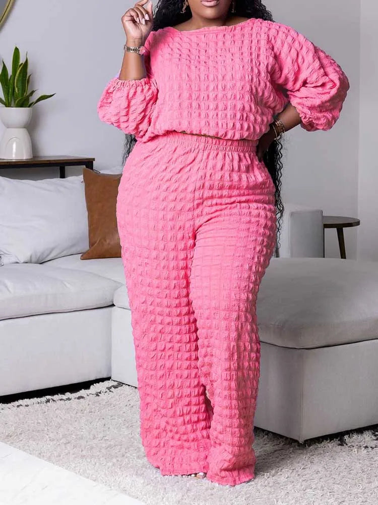 Long Sleeve 2 Piece Bubble Waffle Pleated Top and Pants Set