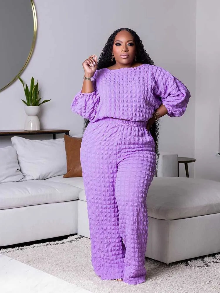 Long Sleeve 2 Piece Bubble Waffle Pleated Top and Pants Set