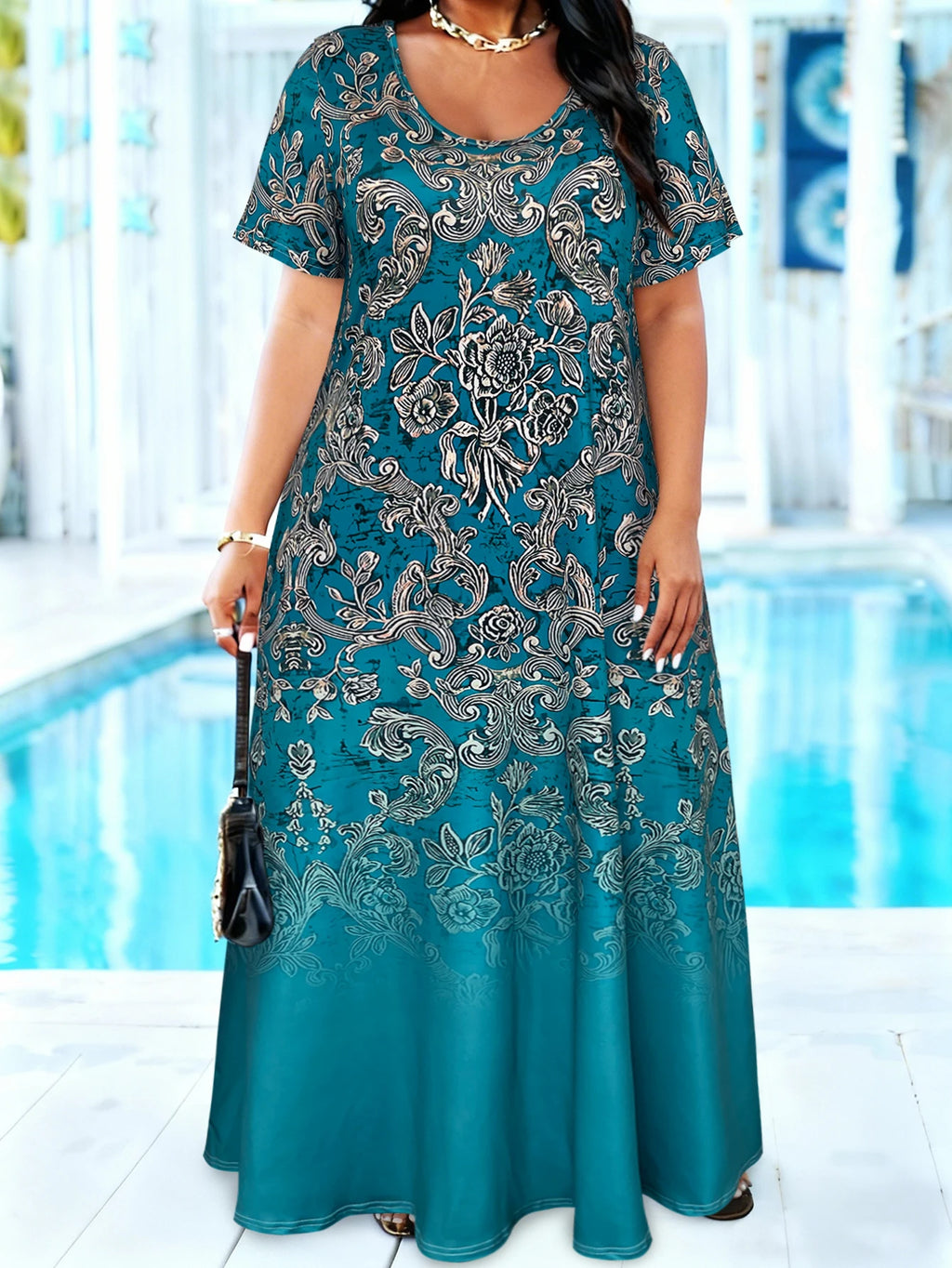 Plus Size Teal Baroque Floral Print Maxi Dress