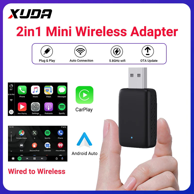 Wired to Wireless CarPlay and Android Auto 2 in 1 Mini Adapter