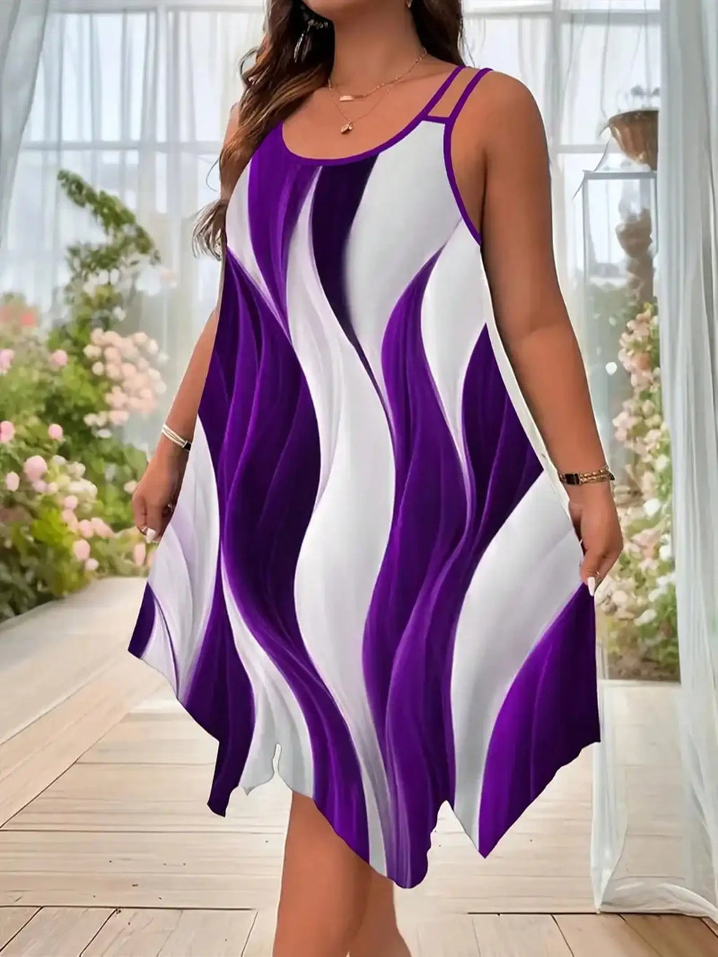 Plus-size Asymmetrical Geometric Stripe Dress