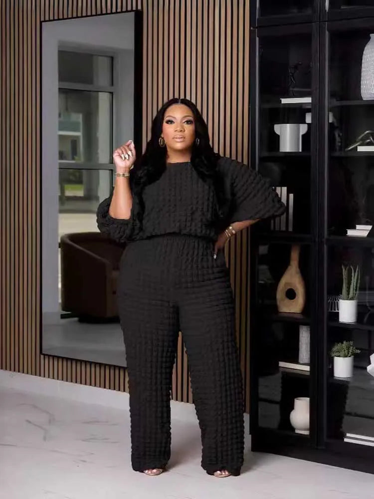 Long Sleeve 2 Piece Bubble Waffle Pleated Top and Pants Set