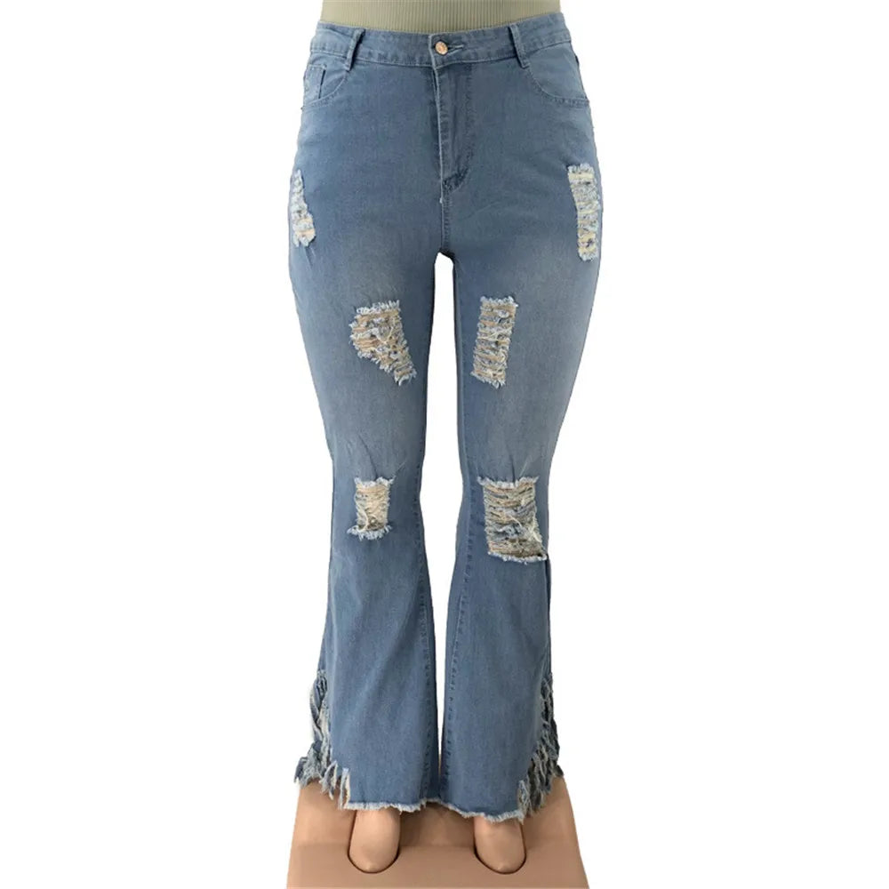 Bodycon Stretch Solid Pockets High Waist  Denim Flared Pants